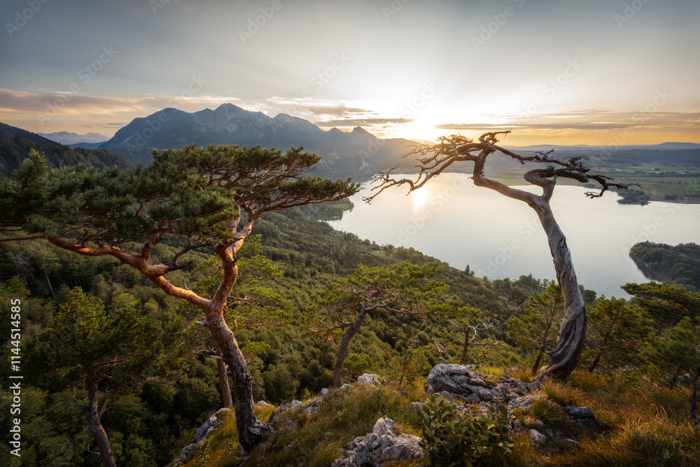 Sunset over Mountain Lakes with Hut Sunset over Mountain Lakes with Hut