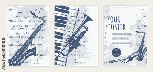 Musical texture backgrounds. Set of vintage background templates with trumpet, saxophone, piano keys and sheet music. Abstract brush strokes with paint texture. Vector.