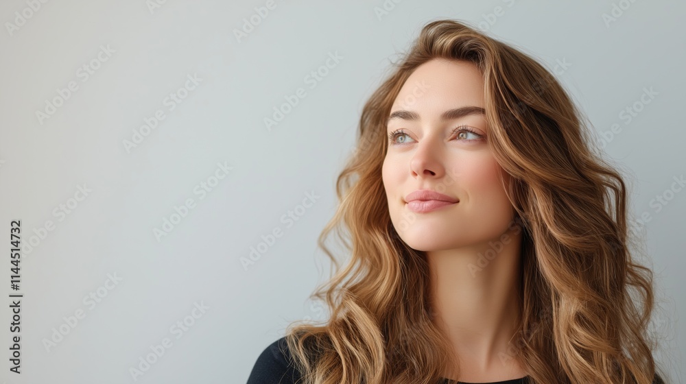 Young woman with wavy hair looking thoughtfully toward the window in a bright, minimalistic room. Young woman with wavy hair looking thoughtfully toward the window in a bright, minimalistic room.