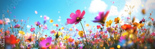 Colorful wildflower field under clear blue sky on a sunny day, showcasing vib...