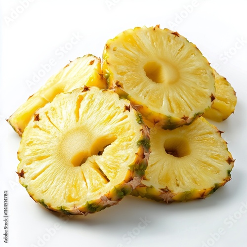 Freshly sliced pineapple showcases vibrant yellow interior and textured exter...