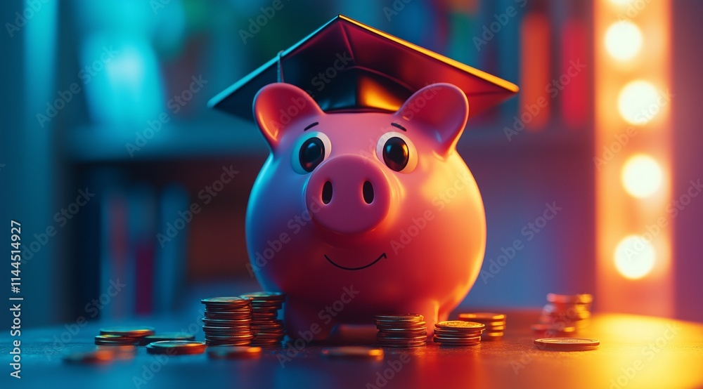 Piggy Bank with Graduation Cap and Coins: Saving for Education Piggy Bank with Graduation Cap and Coins: Saving for Education