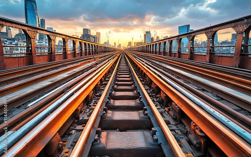 Fototapeta premium Train tracks vanishing point perspective, city skyline sunset.