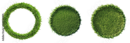 Set of A circle of lush green grass in the middle of a sunlit park on transparent png background