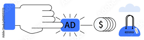 Hand clicks AD button, coins generate next to shopping bag. Ideal for advertising, commerce, digital marketing, e-commerce, online shopping, user engagement monetization. Line metaphor