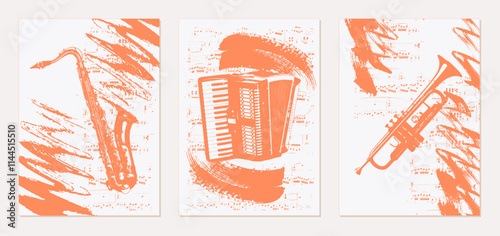 Set of musical backgrounds. Vintage templates with trumpet, saxophone, accordion on the background of sheet music. Vector. Abstract brush strokes with paint texture.