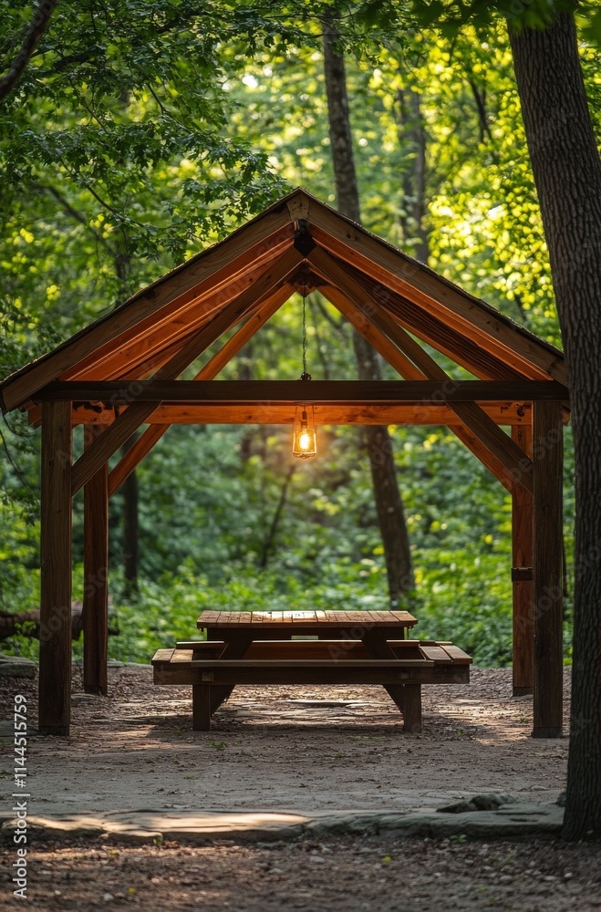 Rustic wooden shelter with a hanging light illuminating a picnic table in a tranquil forest during daylight Rustic wooden shelter with a hanging light illuminating a picnic table in a tranquil forest during daylight
