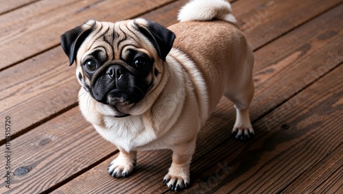 A charming pug with a wrinkled face, short curved tail, and playful nature, perfect for pet lovers. photo