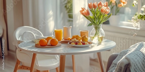 Fresh tulips and citrus juice in a bright living room with cozy decor, creati...