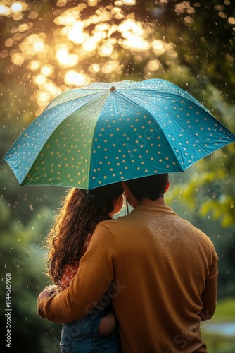 Embracing under a colorful umbrella during a gentle rain in a lush green park...