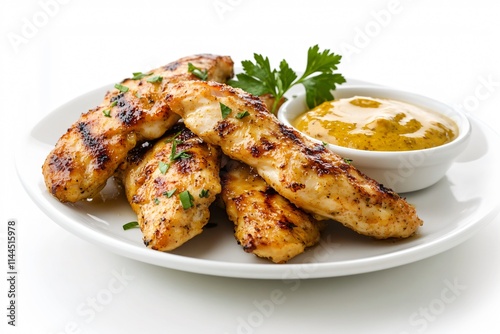 Close-Up of Boneless Chicken Tenders with Honey Mustard Dip on White Dish, Isolated on White