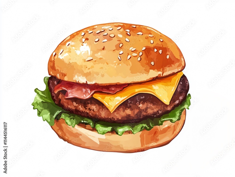 Cheeseburger with Melted Cheddar Cheese, Crispy Bacon, and Sesame Seed Bun Isolated on White Background Cheeseburger with Melted Cheddar Cheese, Crispy Bacon, and Sesame Seed Bun Isolated on White Background