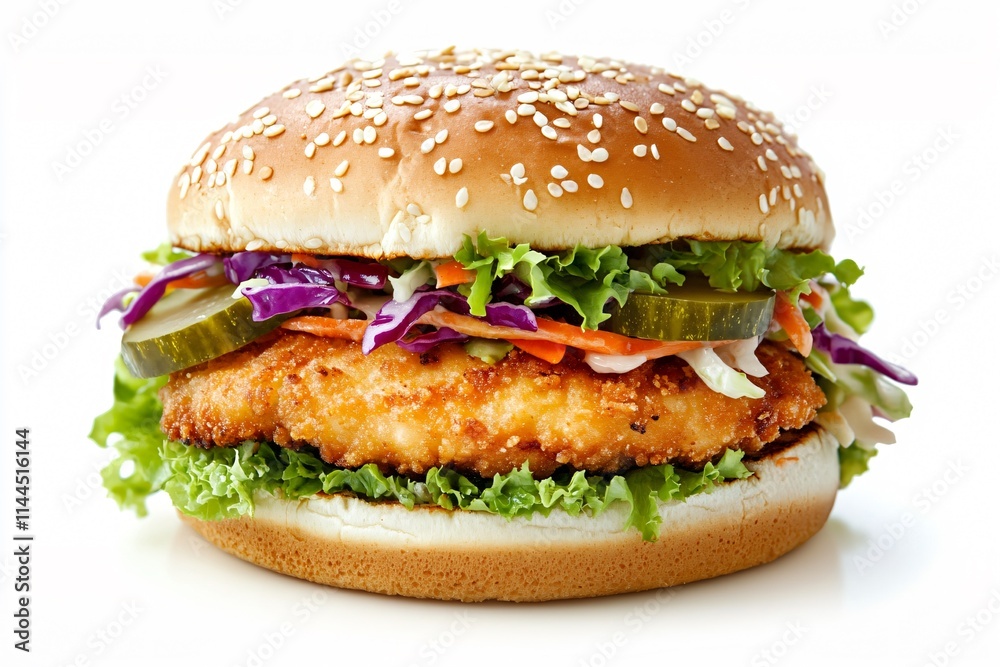 Chicken Sandwich with Crispy Fillet, Coleslaw, and Pickles Isolated on White Background Chicken Sandwich with Crispy Fillet, Coleslaw, and Pickles Isolated on White Background