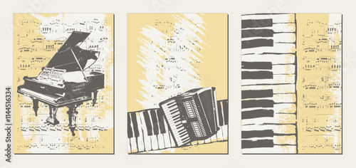Vintage textured templates with grand piano, piano keys, accordion on the background of sheet music with stains and blots of paint. Set of musical backgrounds. Vector.