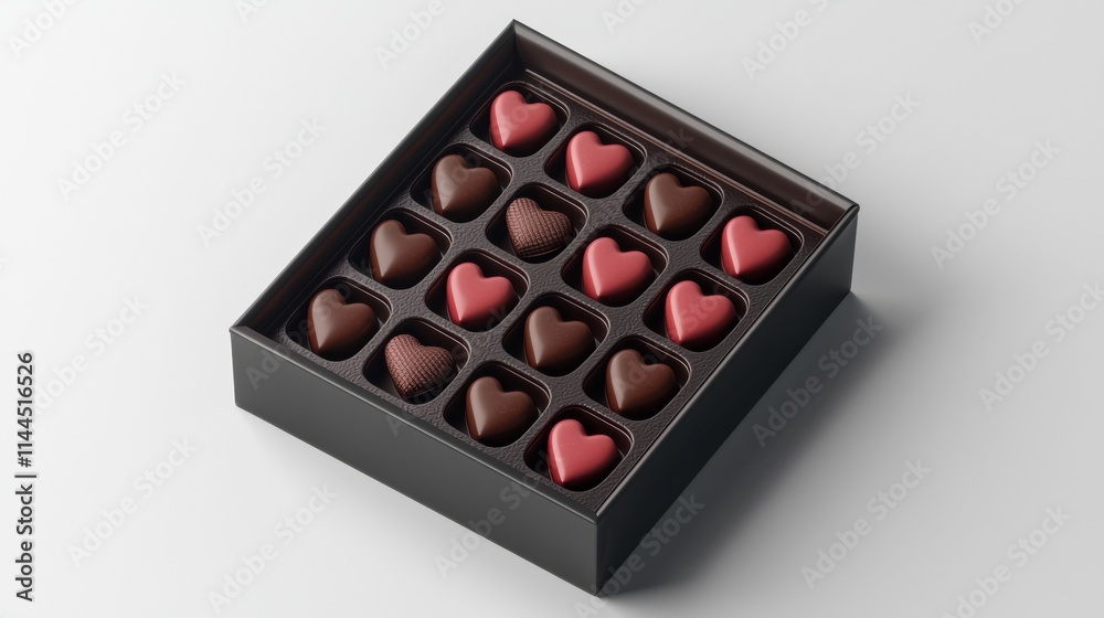 Valentine's Day related. A box of heart-shaped chocolates in dark and pink varieties arranged neatly in a grid pattern.
