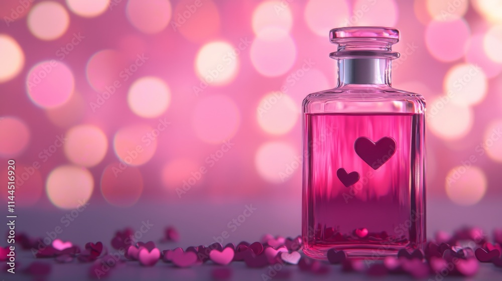 Valentine's Day related. A romantic pink perfume bottle surrounded by heart-shaped confetti, set against a dreamy bokeh background. Valentine's Day related. A romantic pink perfume bottle surrounded by heart-shaped confetti, set against a dreamy bokeh background.