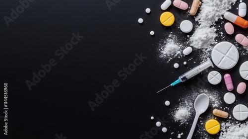 Various pills, powdered substances, and a syringe scattered on a black surface symbolizing drug use, addiction, and abuse.
 photo