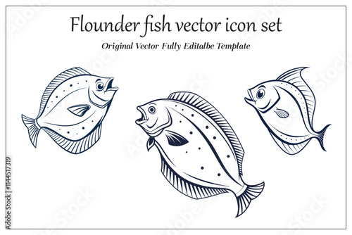 Flounder fish vector icon set, silhouette style, illustration white background. 
