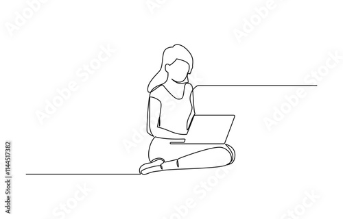 One line woman writing and study with help laptop.Continuous one line drawing of a woman, continuous line vector illustration of woman in front of laptop.