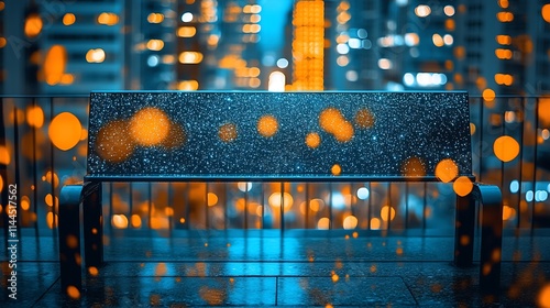 City bench with sparkling blue and orange bokeh lights in urban nightlife : Generative AI