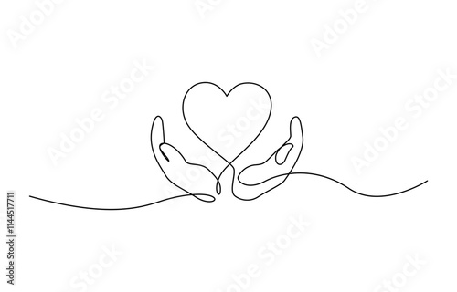 Hands holding heart continuous one line art drawing. Charity donation linear symbol, One continuous line drawing of hands holding heart. Concept of love relationship and volunteer organisation symbol.