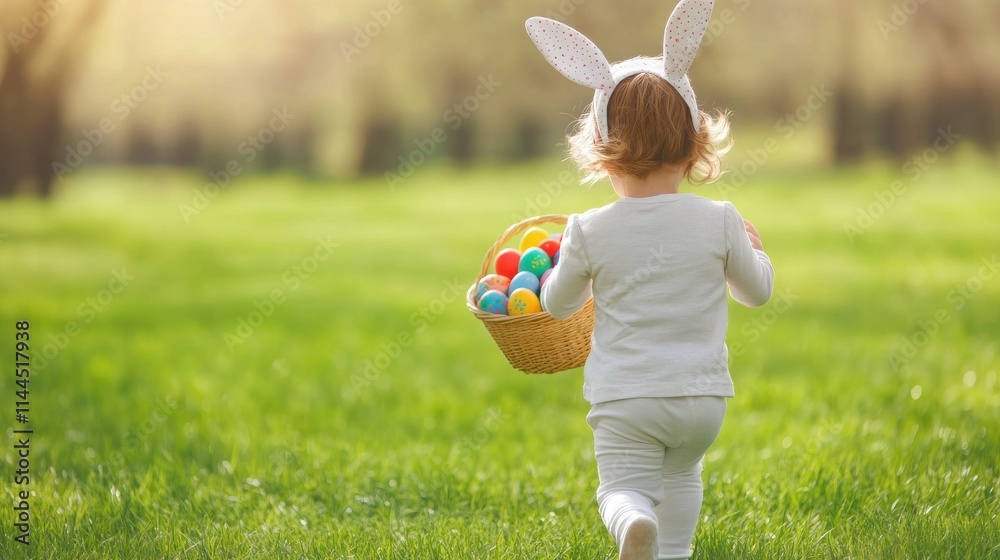 Obraz premium A joyful child in bunny ears collects colorful eggs in a basket on a sunny day in a lush green field.