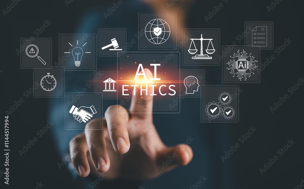AI Ethics and Governance in Artificial Intelligence. Businessman touching with icons representing ethics, law, and governance in AI, importance of responsible AI usage, ethical decision-making. AI Ethics and Governance in Artificial Intelligence. Businessman touching with icons representing ethics, law, and governance in AI, importance of responsible AI usage, ethical decision-making.