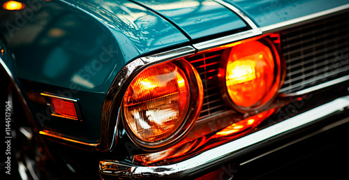 Vintage American classic car, headlights glowing at night - AI generated image