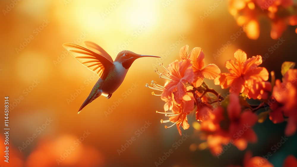 Fototapeta premium A hummingbird hovers close to vibrant flowers