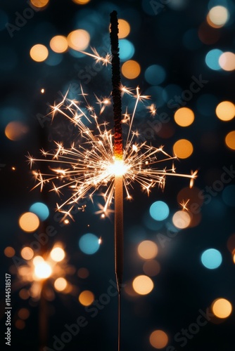Sparkler shines brightly in a dark night, illuminating the festive atmosphere...