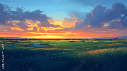 Golden hour at a golf course, with rolling hills and a vibrant sky at dusk