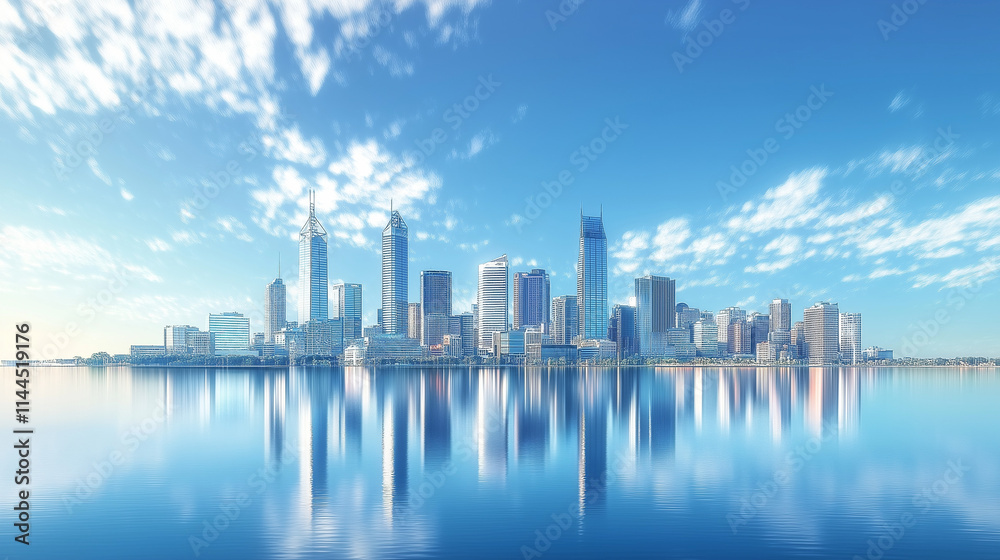 Majestic Skyscrapers and Tranquil Water Under a Bright Sky Majestic Skyscrapers and Tranquil Water Under a Bright Sky