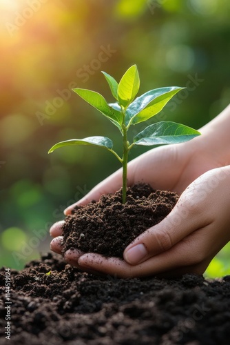 Hands planting a young green plant into rich soil during a sunny day in a gar...