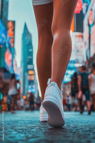 Feet of a person walking in bustling Times Square under bright city lights du...