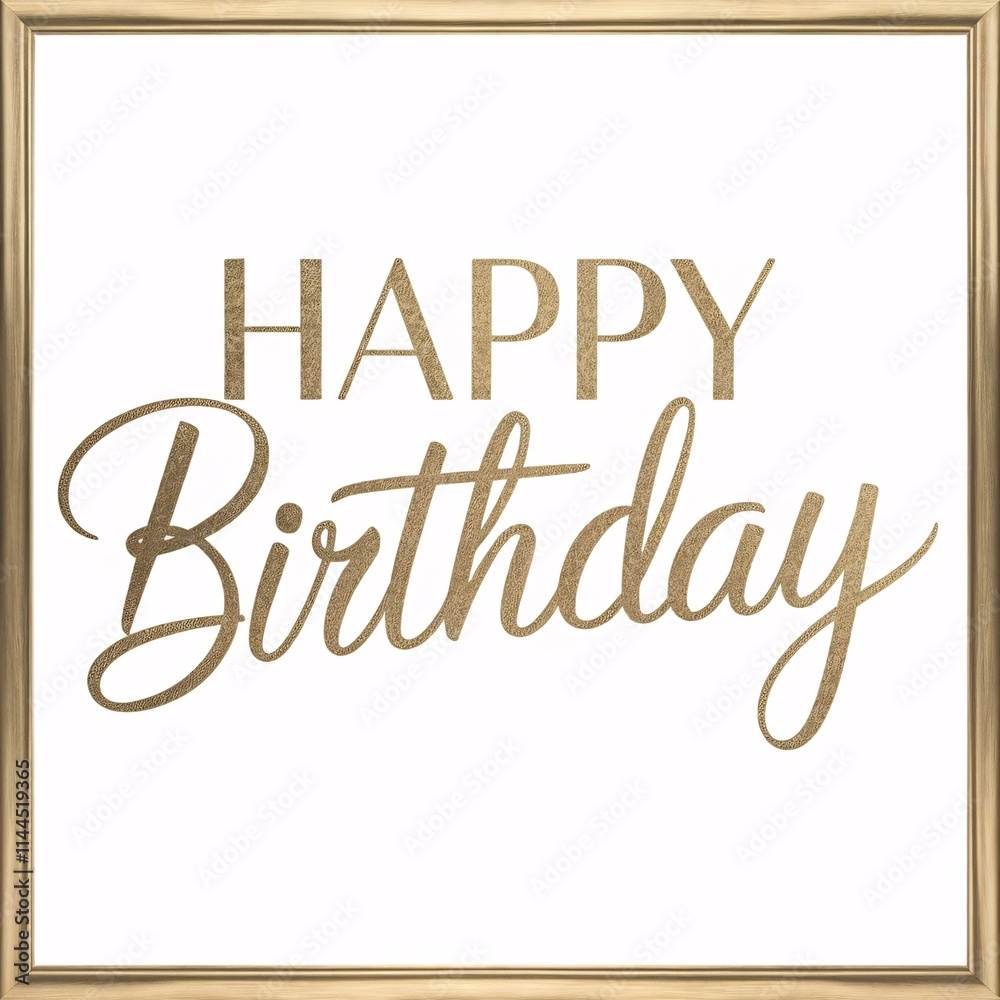 Fototapeta premium Happy Birthday Greeting with Gold Text and Frame on White Background