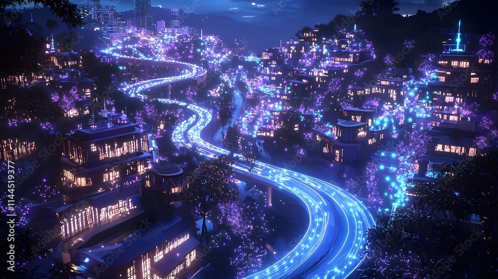 Obraz premium A vibrant, illuminated cityscape with winding roads and lush surroundings at night.