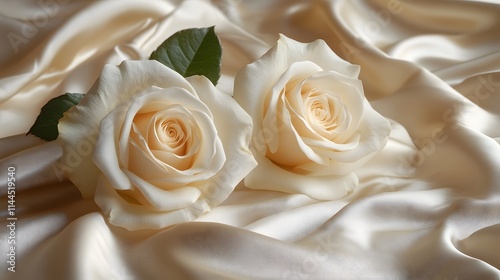 Elegant white roses rest on flowing silk fabric in soft cream hues, evoking a dreamy romantic atmosphere with delicate petals, gentle satin folds, and high-key photography elements.