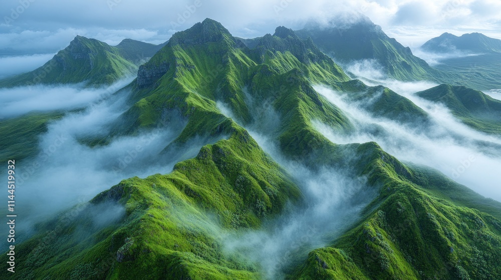Obraz premium Misty green mountainscape, aerial view.