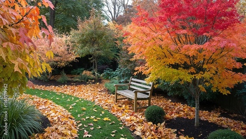 A stunning autumn garden with trees shedding vibrant orange, red, and yellow leaves, creating serenity. photo