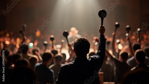 Auction house filled with enthusiastic bidders raising paddles in competitive bidding environment, showcasing the excitement and dynamics of auction culture.
