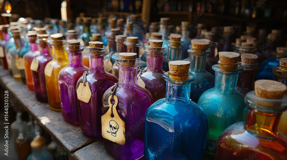 Bottles with magic potions and poisons. Vector cartoon set of glass flasks and vials with different color liquid potions, green acids, corks and tags with skull and crossbones sign Bottles with magic potions and poisons. Vector cartoon set of glass flasks and vials with different color liquid potions, green acids, corks and tags with skull and crossbones sign