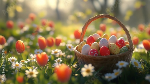 Colorful Easter eggs arranged in a basket surrounded by blooming flowers in a...