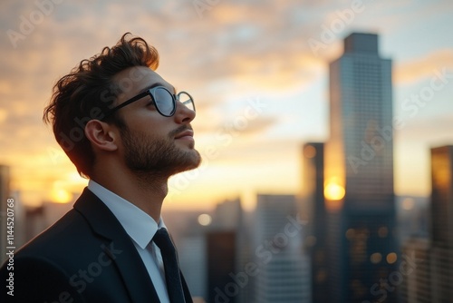 Businessman gazes thoughtfully at sunset over city skyline while enjoying the view from rooftop terrace