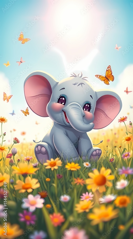 Playful Baby Elephant with Big Eyes and Butterflies in a Lush Vibrant Cartoon Meadow Playful Baby Elephant with Big Eyes and Butterflies in a Lush Vibrant Cartoon Meadow