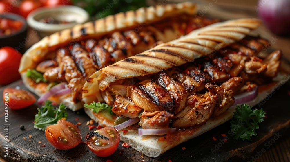 Grilled chicken sandwiches with fresh ingredients and sauces on a wooden board. Grilled chicken sandwiches with fresh ingredients and sauces on a wooden board.