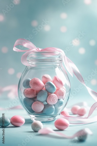 Colorful candy jar filled with pastel candies and decorated with a pink ribbo...