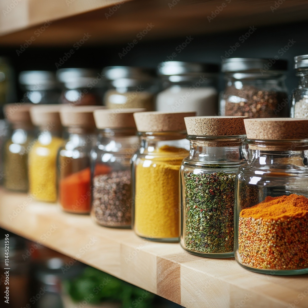 Vibrant Spice Jar Set Display in a Kitchen Colorful Ingredients Organized Shelf Home Cooking Aesthetic Vibrant Spice Jar Set Display in a Kitchen Colorful Ingredients Organized Shelf Home Cooking Aesthetic