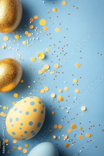 Colorful blue Easter eggs with gold dots scattered on a bright blue backgroun...