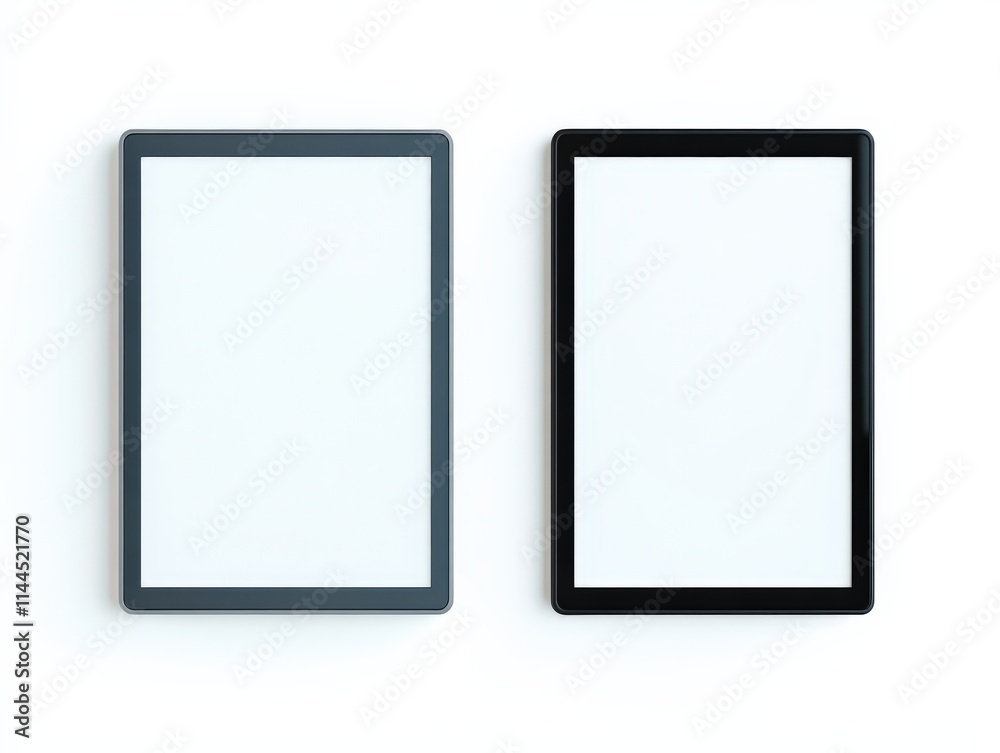 two tablets on a white surface, one with a gray frame and one with a black frame two tablets on a white surface, one with a gray frame and one with a black frame