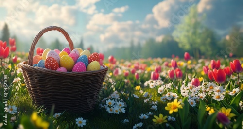 Colorful egg basket resting in a vibrant flower field under a clear sky during spring